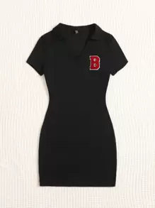 SHEIN EZwear 字母補丁細節緊身洋裝 - 黑色 - 查看 6