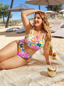 大尺碼花卉印花綁肩高腰比基尼套裝，夏季沙灘必備 - 彩色 - 查看 1