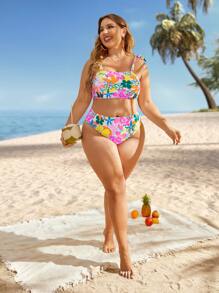 大尺碼花卉印花綁肩高腰比基尼套裝，夏季沙灘必備 - 彩色 - 查看 4