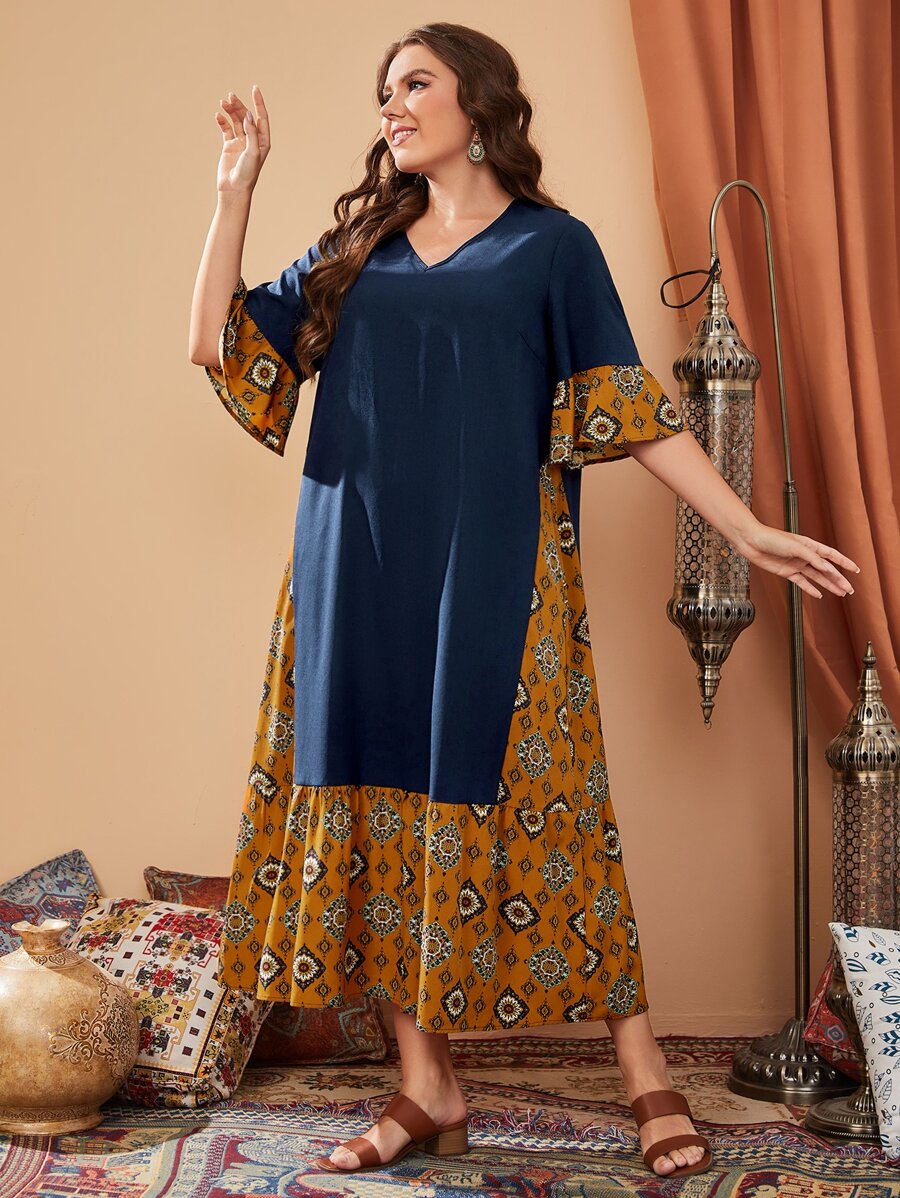 Al Najma 大碼幾何印花鐘形袖直筒連衣裙 - 彩色 - 查看 1