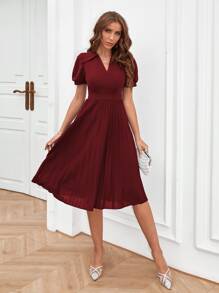 SHEIN Clasi Puff Sleeve Pleated Hem Dress - Burgundy - View 1