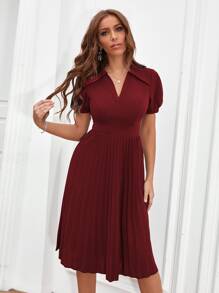SHEIN Clasi Puff Sleeve Pleated Hem Dress - Burgundy - View 3