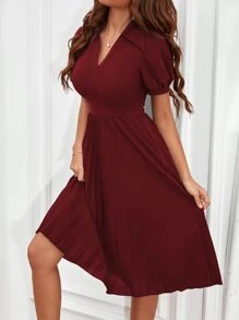 SHEIN Clasi Puff Sleeve Pleated Hem Dress - Burgundy - View 6