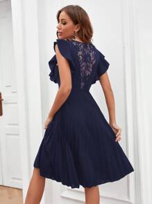 SHEIN LUNE Lace Insert Ruffle Trim Pleated Hem Dress