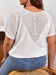 SHEIN Frenchy Plus Contrast Lace Panel Tee - White - View 1