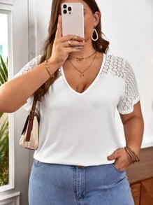 SHEIN Frenchy Plus Contrast Lace Panel Tee - White - View 2