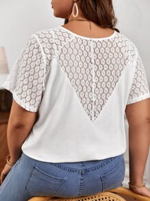 SHEIN Frenchy Plus Contrast Lace Panel Tee - White - View 5