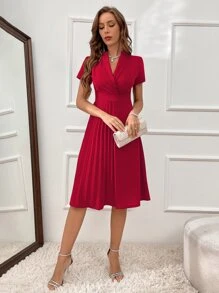 SHEIN Clasi Solid Shawl Collar Wrap Detail Dress - Red - View 1