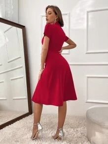 SHEIN Clasi Solid Shawl Collar Wrap Detail Dress - Red - View 2