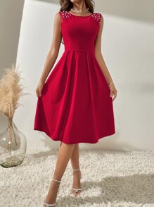 Chiquease Solid Pearl Beaded A-Line Dress, Semi Formal Dress - Red - View 1