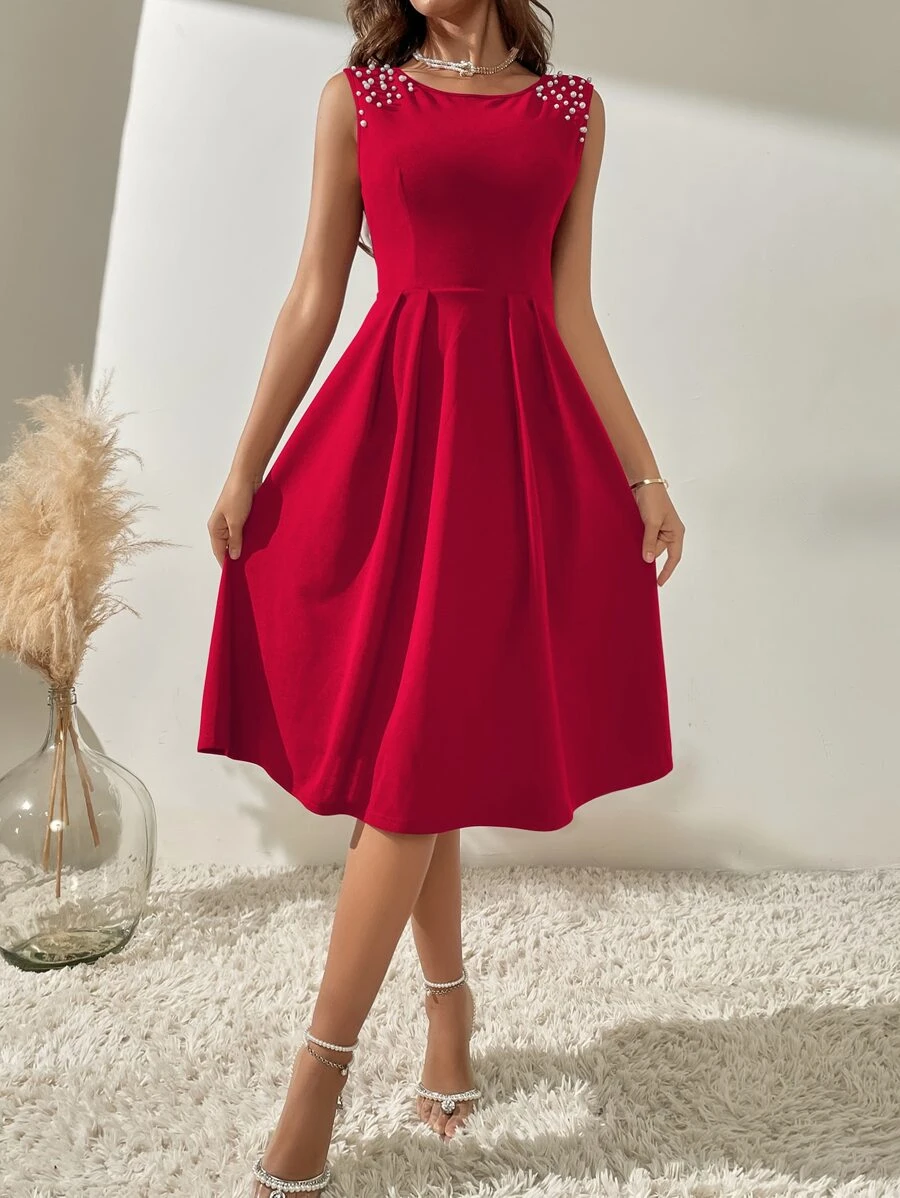 Chiquease Solid Pearl Beaded A-Line Dress, Semi Formal Dress - Red - View 1