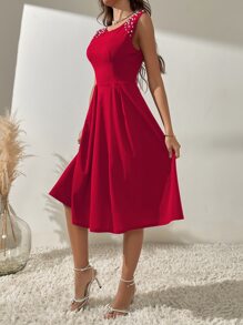 Chiquease Solid Pearl Beaded A-Line Dress, Semi Formal Dress - Red - View 5