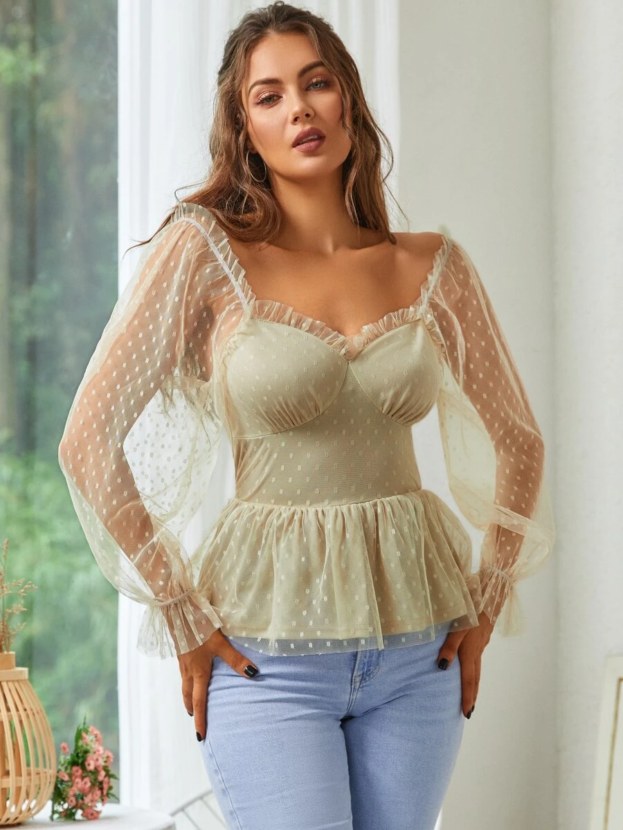 Áo sơ mi nữ viền lá sen Xù Viên lá sen cắt màu trơn Boho - Màu be - Xem 1