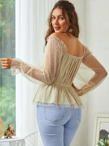 Áo sơ mi nữ viền lá sen Xù Viên lá sen cắt màu trơn Boho - Màu be - Xem 2