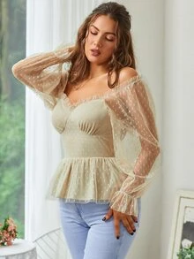Áo sơ mi nữ viền lá sen Xù Viên lá sen cắt màu trơn Boho - Màu be - Xem 3