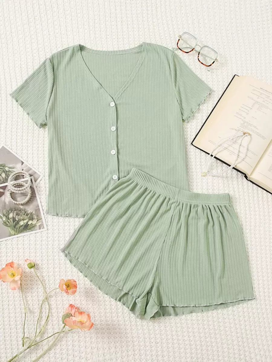 Lettuce Trim Button Front Top & Shorts PJ Set / Pajama Set - Mint Green - View 1