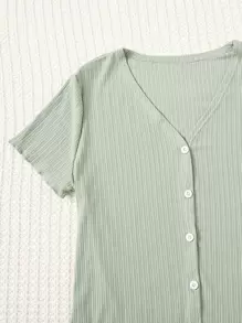 Lettuce Trim Button Front Top & Shorts PJ Set / Pajama Set - Mint Green - View 4