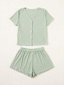 Lettuce Trim Button Front Top & Shorts PJ Set / Pajama Set - Mint Green - View 5
