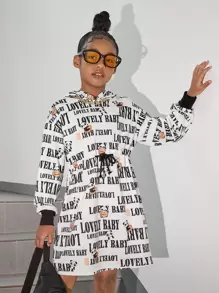 SHEIN Tween Girl Letter & Cartoon Graphic Knot Front Sweatshirt Dress - Black and White - View 1