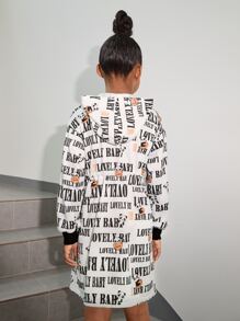 SHEIN Tween Girl Letter & Cartoon Graphic Knot Front Sweatshirt Dress - Black and White - View 2