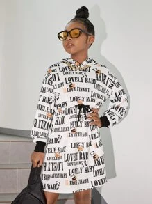 SHEIN Tween Girl Letter & Cartoon Graphic Knot Front Sweatshirt Dress - Black and White - View 5