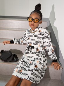 SHEIN Tween Girl Letter & Cartoon Graphic Knot Front Sweatshirt Dress - Black and White - View 6