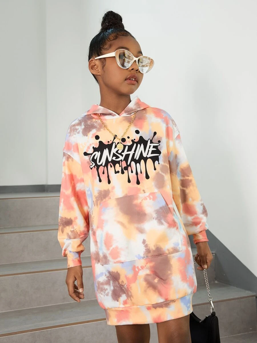 SHEIN 青少女染色字母圖形袋式連帽連衣裙