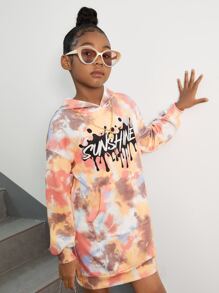 SHEIN 青少女染色字母圖形袋式連帽連衣裙