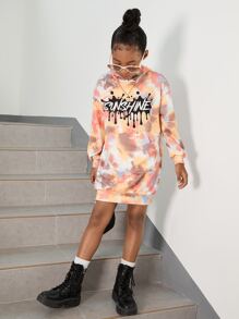 SHEIN 青少女染色字母圖形袋式連帽連衣裙