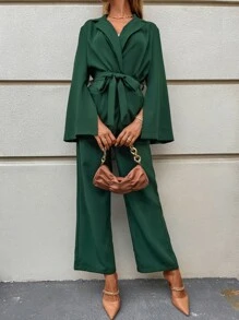 SHEIN Clasi Slit Sleeve Patched Pocket Belted Blazer & Tailored Pants - Dark Green - View 1