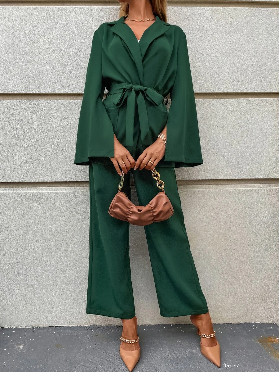 SHEIN Clasi Slit Sleeve Patched Pocket Belted Blazer & Tailored Pants - Dark Green - View 1