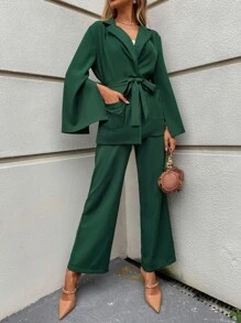 SHEIN Clasi Slit Sleeve Patched Pocket Belted Blazer & Tailored Pants - Dark Green - View 3