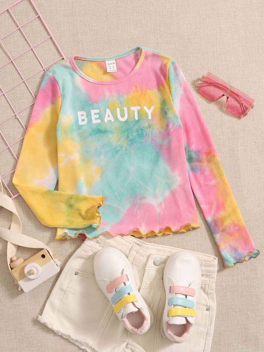 SHEIN Tops con gái Xù nhỏ Lá thư Cà vạt nhuộm Giải trí - Nhiều màu - Xem 1