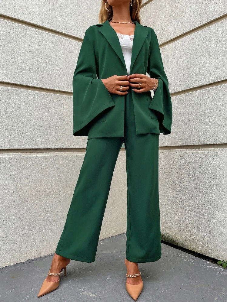 SHEIN Clasi Blazer de manga con abertura con parche con bolsillo con cinturón & Pantalones a medida - Verde Oscuro - Añade 5