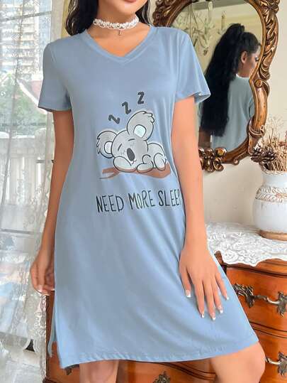 Letter Cartoon Graphic Split Hem Pajama Nightdress view 3