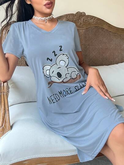 Letter Cartoon Graphic Split Hem Pajama Nightdress view 4