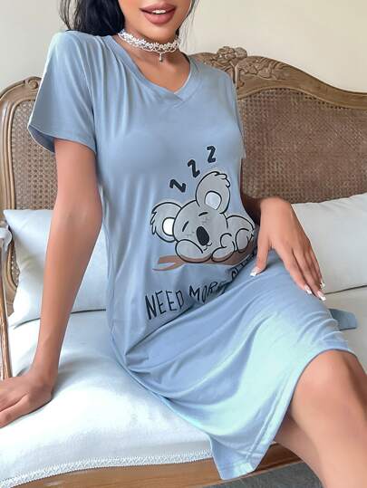 Letter Cartoon Graphic Split Hem Pajama Nightdress view 5