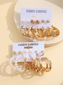 12對隨機搭配的人造珍珠和心形裝飾耳環