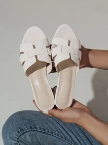 Chanclas de mujer con puntera abierta y tacón grueso en beige, nueva diseño de moda y versátil para uso casual al aire libre en verano - Beis - Ver 4