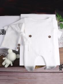 SHEIN Đứa bé trai Dệt kim Waffle Áo liền quần & Mũ Đạo cụ nhiếp ảnh - trắng - Xem 4