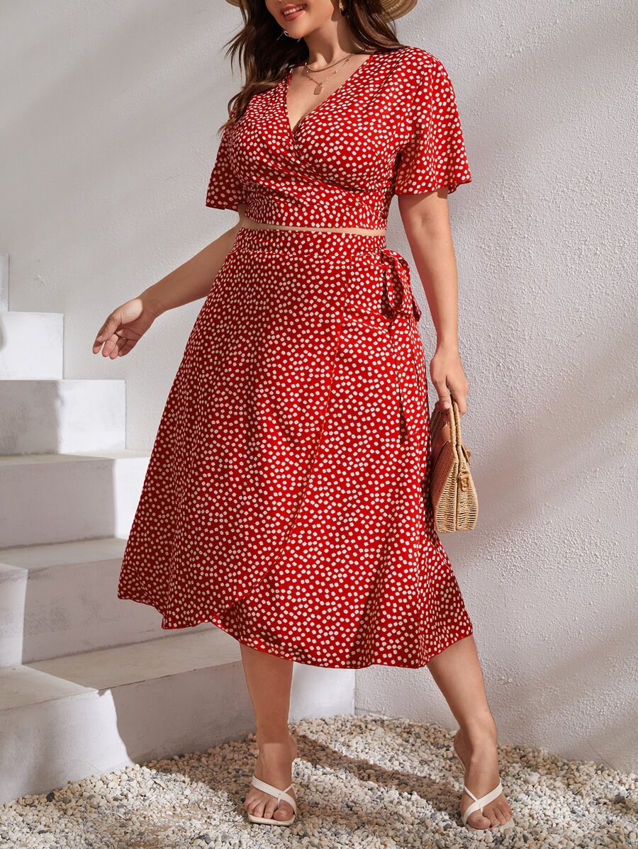 SHEIN VCAY 大碼小碎花後綁帶圍裹上衣和半身裙 - 紅白色 - 查看 1