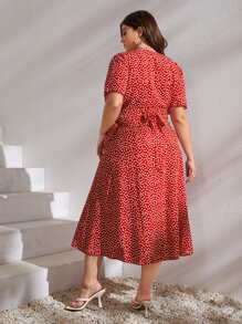 SHEIN VCAY 大碼小碎花後綁帶圍裹上衣和半身裙 - 紅白色 - 查看 2