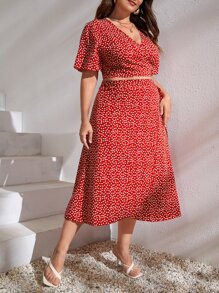 SHEIN VCAY 大碼小碎花後綁帶圍裹上衣和半身裙 - 紅白色 - 查看 3