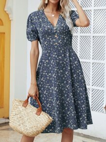 Breezaya Ditsy Floral Button A-line Dress - Navy Blue - View 1