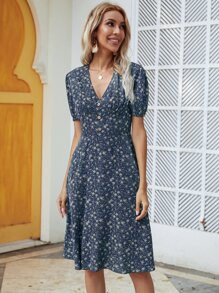 Breezaya Ditsy Floral Button A-line Dress - Navy Blue - View 6
