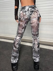 SHEIN ICON Allover Print Stacked Trousers - Multicolor - View 1