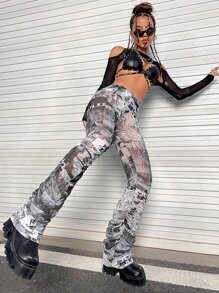 SHEIN ICON Allover Print Stacked Trousers - Multicolor - View 3