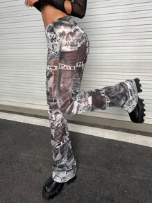 SHEIN ICON Allover Print Stacked Trousers - Multicolor - View 5