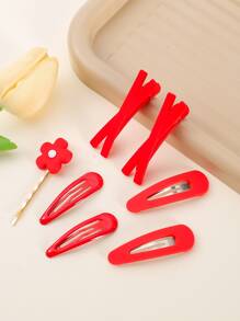 7入組花朵裝飾髮夾 - 紅色 - 查看 1