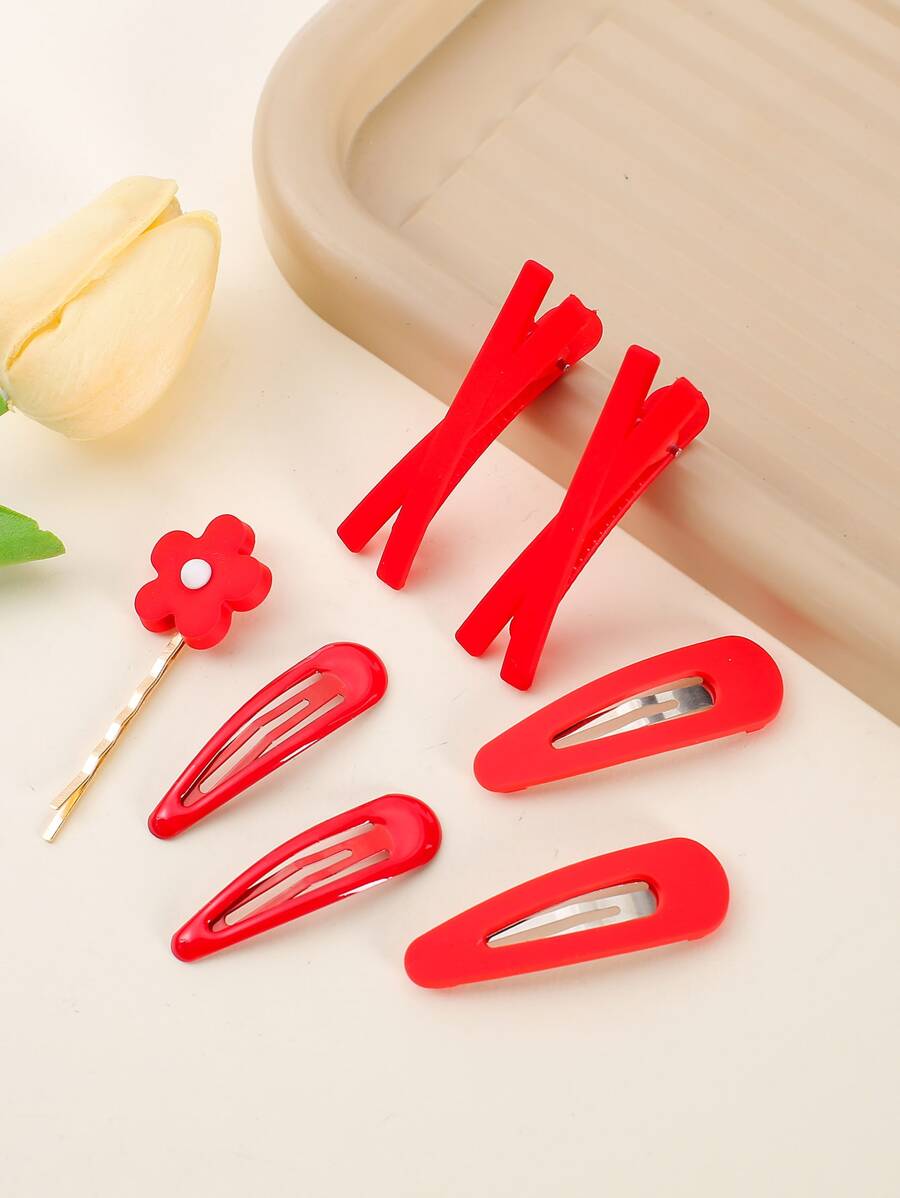 7入組花朵裝飾髮夾 - 紅色 - 查看 1